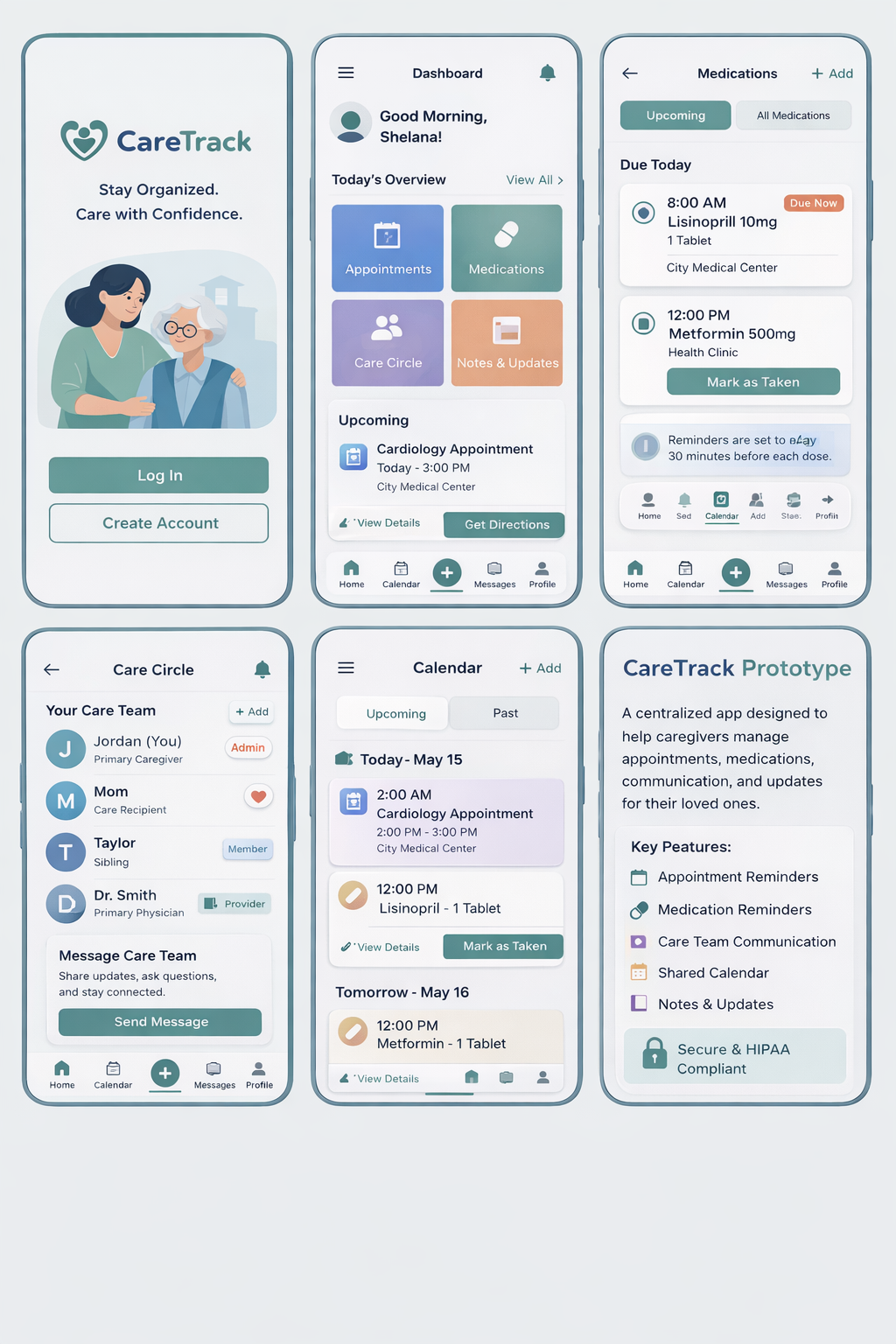 CareTrack app interface showing dashboard, medications, care circle, and calendar screens